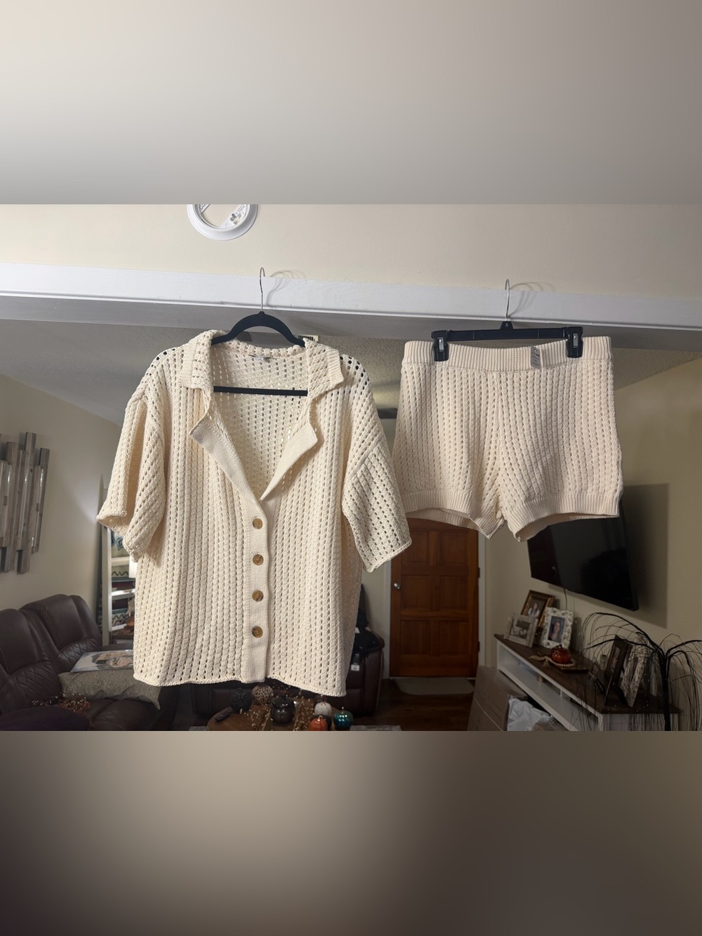 NWT Fashion Nova Cream Crochet Open Knit Matching Top & Shorts Set– Size Large 🤍